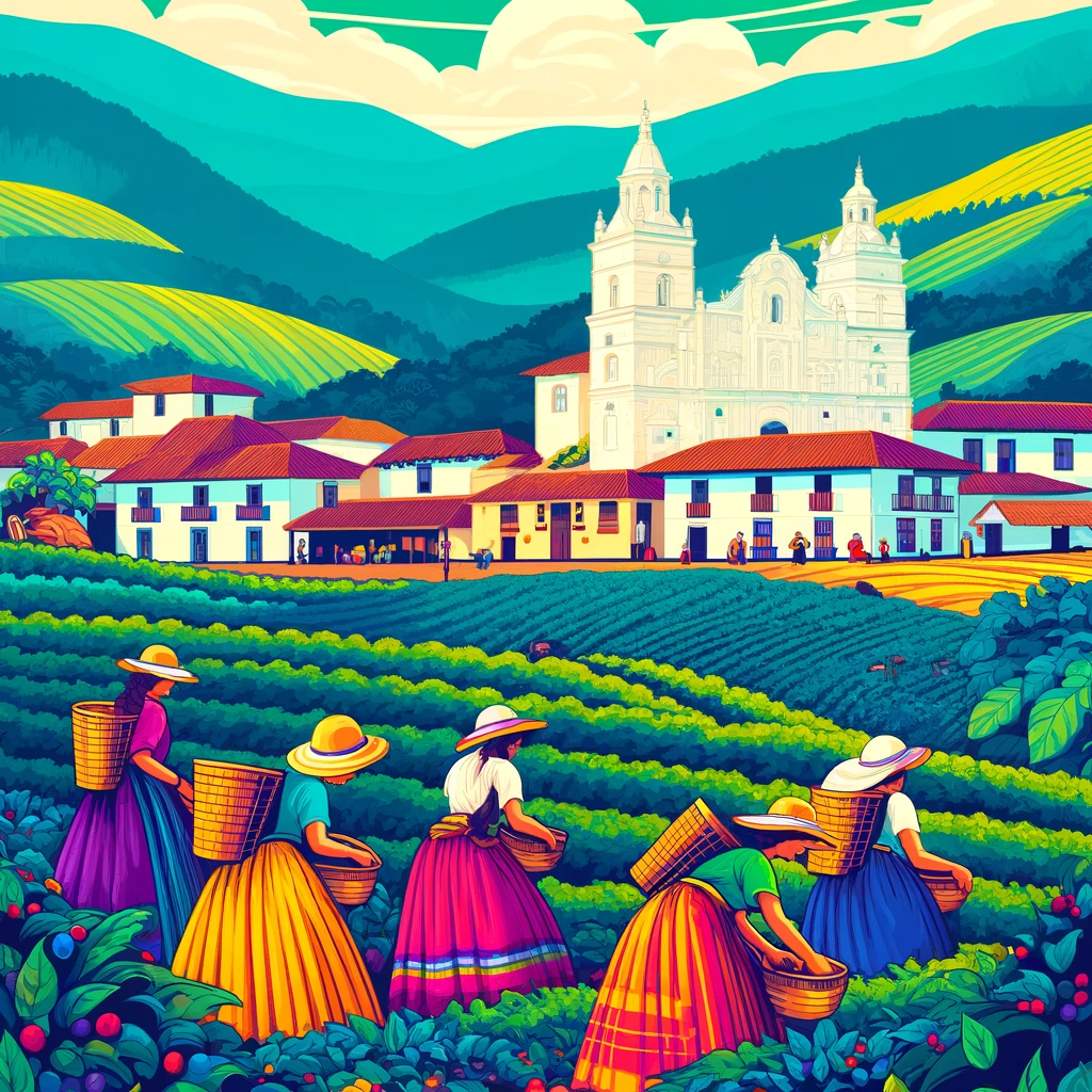 DALL·E 2024-05-03 04.11.28 - Create a more colorful illustration in the style of Latin American folk art, depicting women in traditional Colombian attire picking coffee in the fie